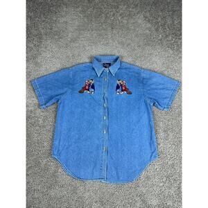 VINTAGE Quizz Again Shirt Womens L Blue Denim Embroidered Teddy Bears Button Up